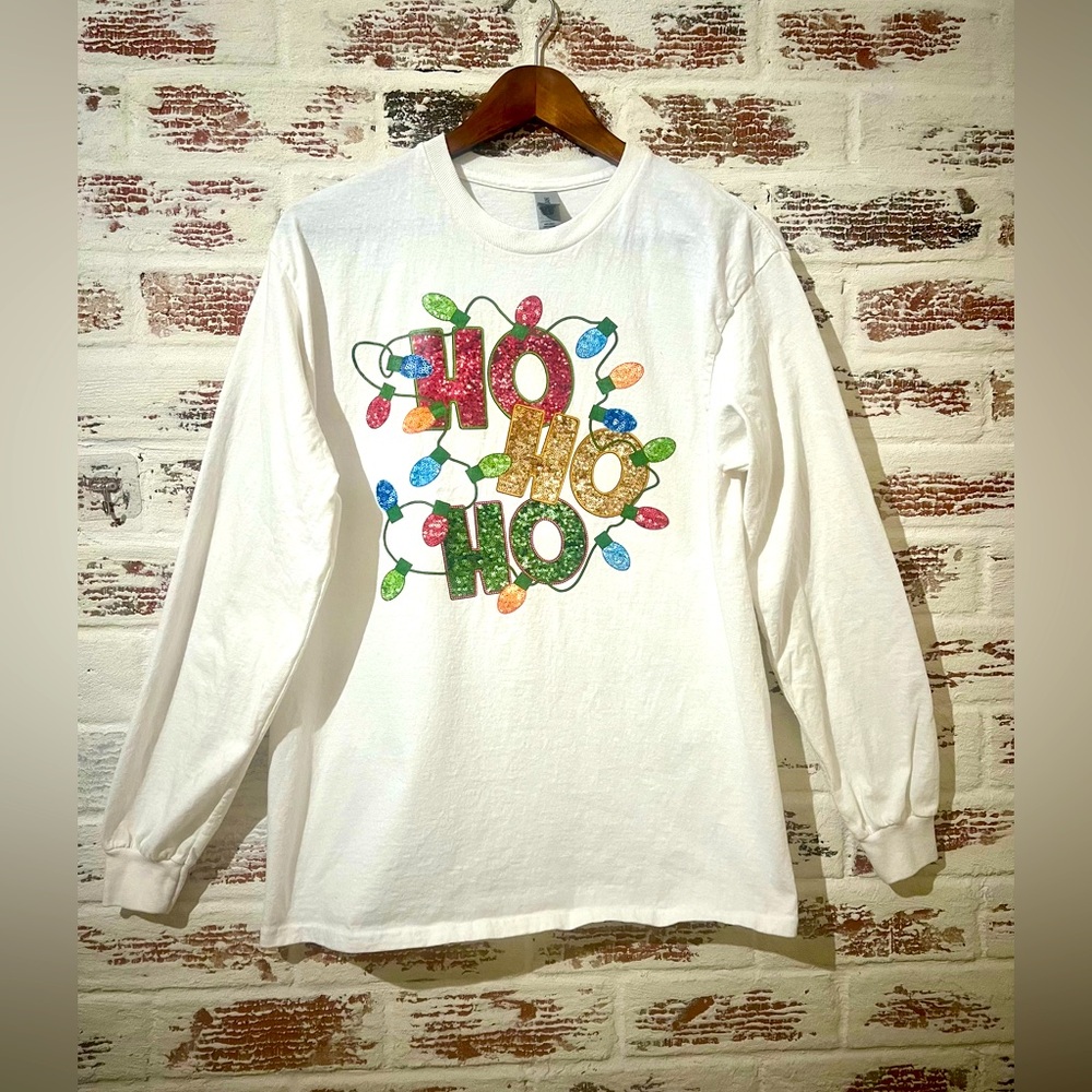 Christmas T Shirt Long Sleeve Ho Ho Ho Lights Multicolor Cotton Size M